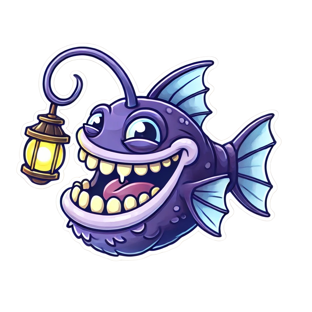 A cheerful purple anglerfish holding a glowing lantern